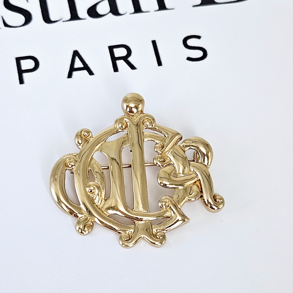 Vintage Christian Dior Gold Insignia Crest Logo Monogram Brooch Pin